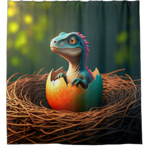 Surreal baby dinosaurus komt uit het ei douchegordijn