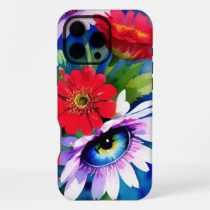 Surreal Blauwe Oog Roze Bloem & Rode Zenias iPhone 16 Pro Max Hoesje