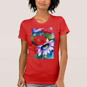 Surreal Blauwe Oog Roze Bloem & Rode Zenias T-shirt