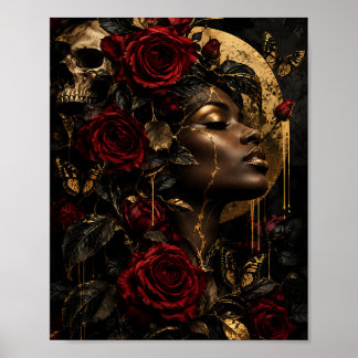 Surreal bloemmotief Zwarte Koningin Goudblad & Rod Poster