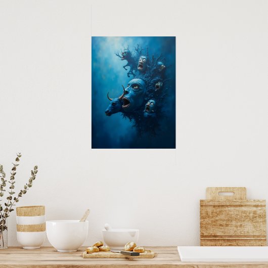 Surreal Blue Scream Creatures Poster (Keuken)