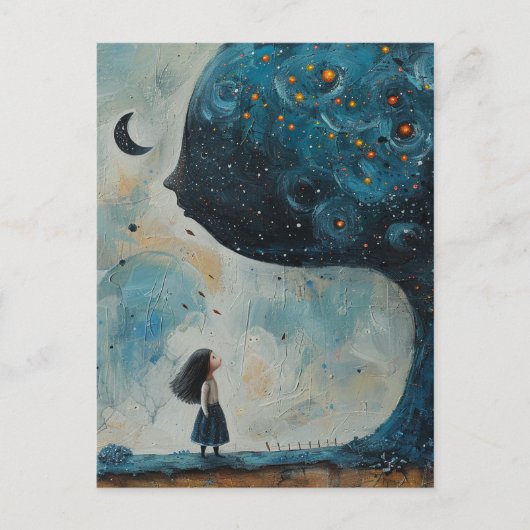 Surreal Blue Tree en een Verbaasd Kind Briefkaart (Voorkant)