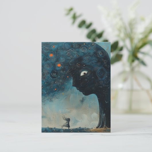Surreal Blue Tree en een Verbaasd Meisje Briefkaart (Staand voorkant)