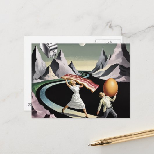 Surreal Breakfast People in the Mountains Briefkaart (Voorkant / Achterkant in situ)