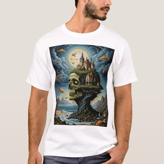 Surreal Castle Skull Fantasy T-shirt maanverlichte (Voorkant)