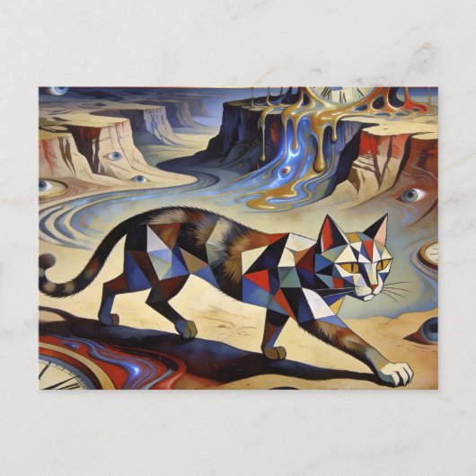 Surreal Cat Melting Clocks Dali Picasso Inspired Briefkaart (Voorkant)