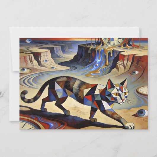 Surreal Cat Melting Clocks Dali Picasso Inspired Kaart (Voorkant)