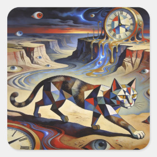 Surreal Cat Melting Clocks Dali Picasso Inspired Vierkante Sticker