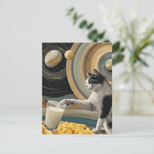 Surreal Cat With Milk in Space Briefkaart (Staand voorkant)