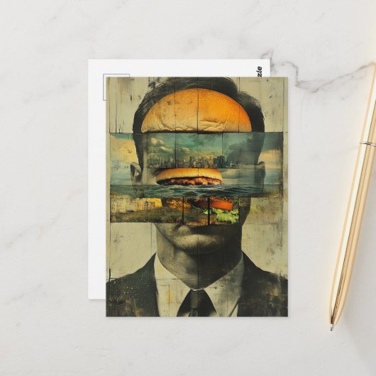 Surreal Cheeseburger Persoon Stad Water Abstract Briefkaart (Voorkant / Achterkant in situ)