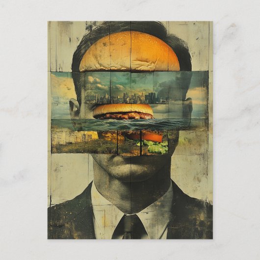 Surreal Cheeseburger Persoon Stad Water Abstract Briefkaart