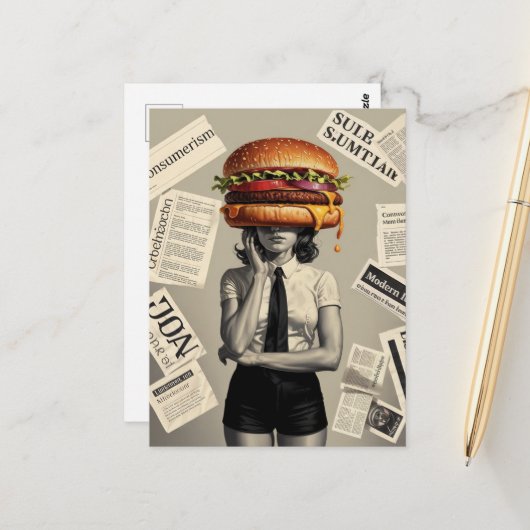 Surreal Cheeseburger Woman Collage Nieuws Briefkaart (Voorkant / Achterkant in situ)