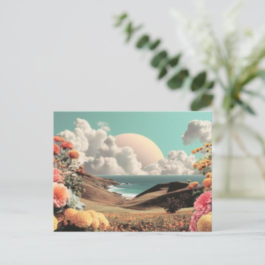 Surreal Coastal Landscape With Flowers And Clouds Briefkaart (Staand voorkant)