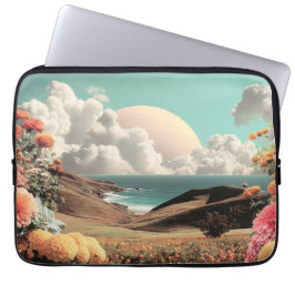 Surreal Coastal Landscape With Flowers And Clouds Laptop Sleeve