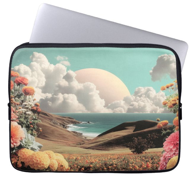 Surreal Coastal Landscape With Flowers And Clouds Laptop Sleeve (Voorkant)