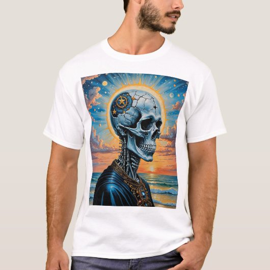 Surreal Cosmic Skull T-shirt – Sunset Galaxy Arts! (Voorkant)