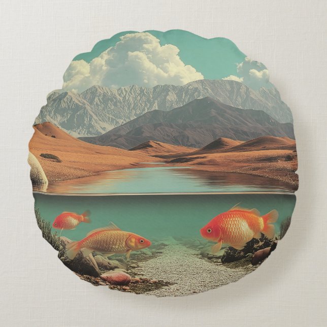 Surreal Desert and Lake with Goldfish Rond Kussen (Voorkant)