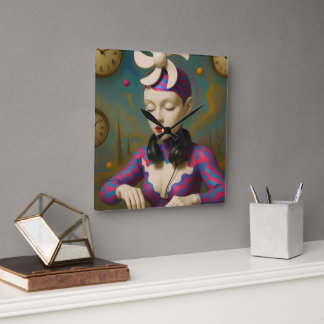 Surreal DJ Girl Psychedelic Futuristic Art Design Vierkante Klok