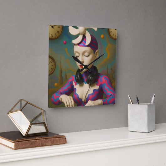 Surreal DJ Girl  Psychedelic Futuristic Art Design Vierkante Klok (Kantoor)