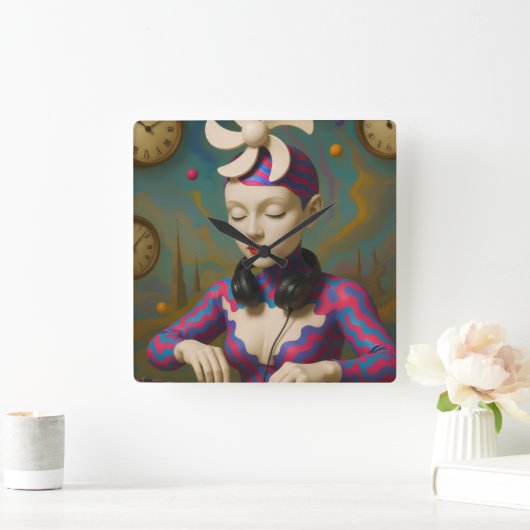 Surreal DJ Girl  Psychedelic Futuristic Art Design Vierkante Klok (Huis)