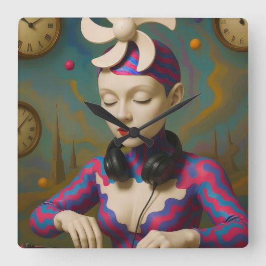 Surreal DJ Girl  Psychedelic Futuristic Art Design Vierkante Klok (Voorkant)