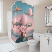 Surreal Dreamscape with Sharks and Balloons Douchegordijn (In situ)