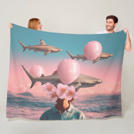 Surreal Dreamscape with Sharks and Balloons Fleece Deken (In situ)