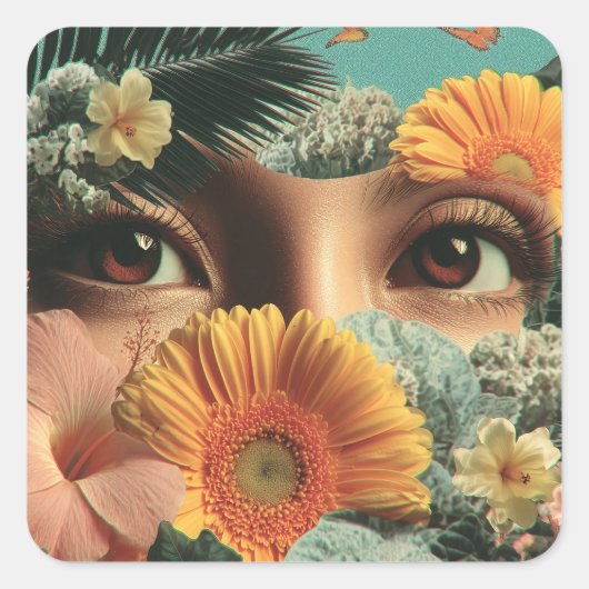 Surreal Eyes and Flowers with Butterflies Vierkante Sticker (Voorkant)