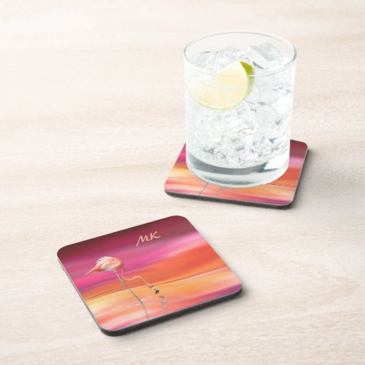 Surreal Fantasy Pink Flamingo Monogrammed Bier Onderzetter (Rechterzijde)