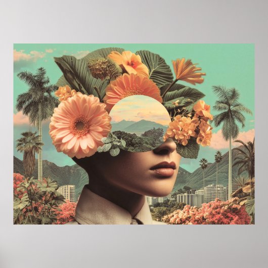 Surreal Female Portrait with Floral Elements Poster (Voorkant)