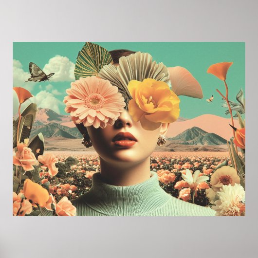 Surreal Female Portrait With Flowers Covering Eyes Poster (Voorkant)