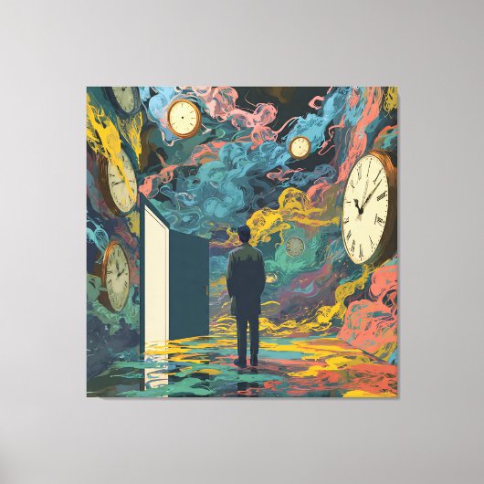 Surreal Figure Room Swirling Clocks Smoke Wall Art Canvas Afdruk (Voorkant)