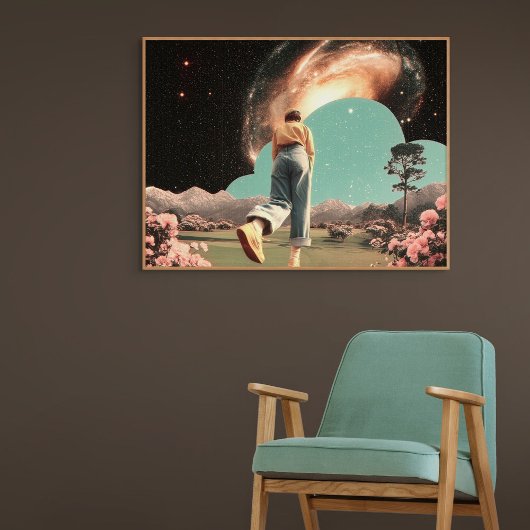Surreal figuur dat een melkwegpoort binnenloopt canvas afdruk