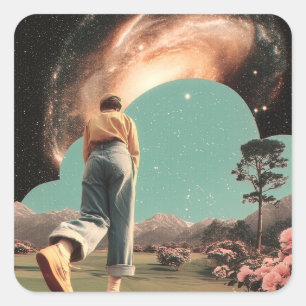 Surreal figuur loopt in het galactische poortje vierkante sticker