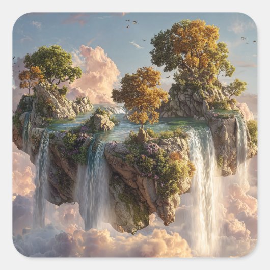 Surreal Floating Cliffs With Waterfalls Vierkante Sticker (Voorkant)