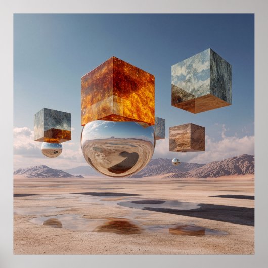 Surreal Floating Cubes And Reflective Sphere Poster (Voorkant)