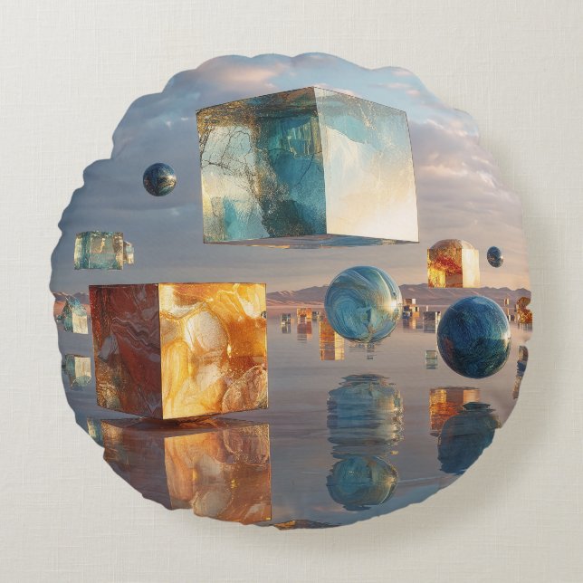 Surreal Floating Cubes And Spheres Rond Kussen (Voorkant)