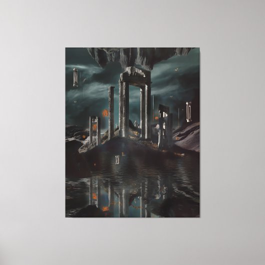 Surreal Floating Ruins Obsidian Pool Canvas Afdruk (Voorkant)
