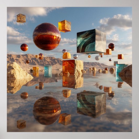 Surreal Floating Spheres And Cubes Poster (Voorkant)
