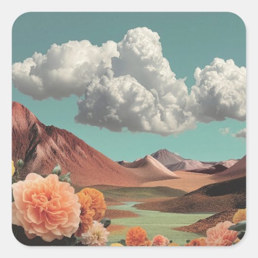 Surreal Floral Mountainscape With Dramatic Clouds Vierkante Sticker (Voorkant)