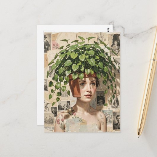 Surreal Flower Pot Woman Briefkaart (Voorkant / Achterkant in situ)