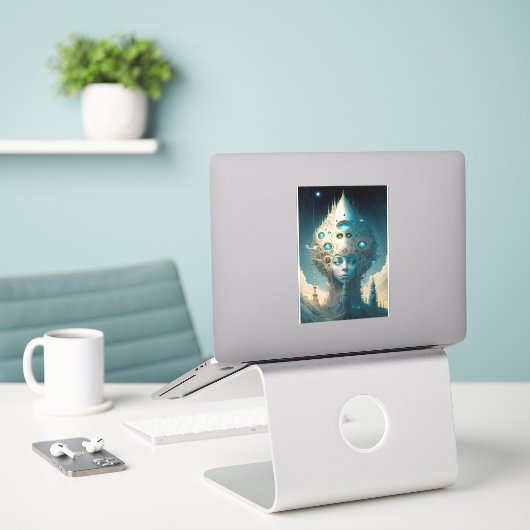 Surreal Futuristic Alien Woman Lanscape Sticker (Laptop op bureau)