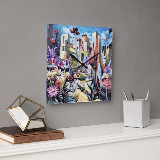 Surreal Garden - Bloemen Illustratie ontwerp 1 Vierkante Klok (Kantoor)