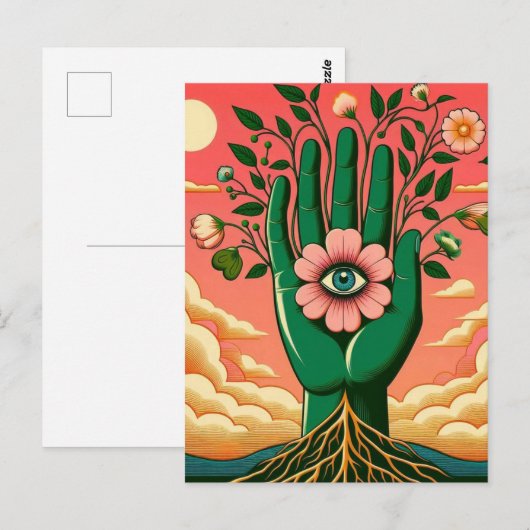 Surreal Gardeners Groene Hand Roze Hemel Briefkaart (Voorkant / Achterkant)