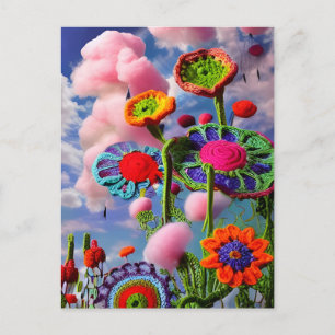 Surreal-gehaakte bloemen en roze wolken briefkaart