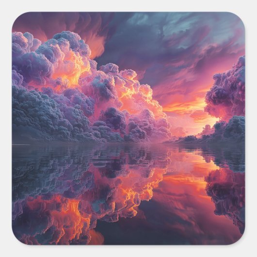 Surreal Glowing Sunset Clouds Reflected In Water Vierkante Sticker (Voorkant)