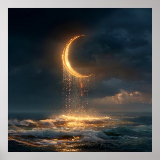 Surreal Golden Crescent Moon Above Ocean Poster (Voorkant)