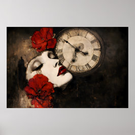 Surreal Gothic Woman with Red Poppies and Vintage  Poster