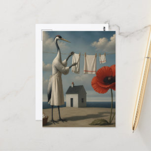 Surreal Grappige Vogel Hangt Wasgoed Briefkaart