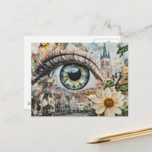 Surreal groen oog dat naar de stad kijkt briefkaart